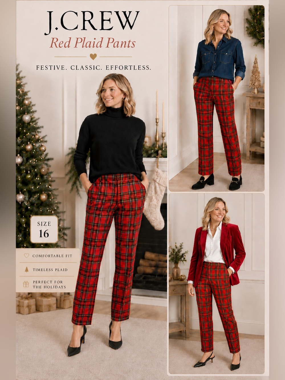 J. Crew Red Tartan Plaid Holiday Straight-Leg Pants | Size 16 | NWOT